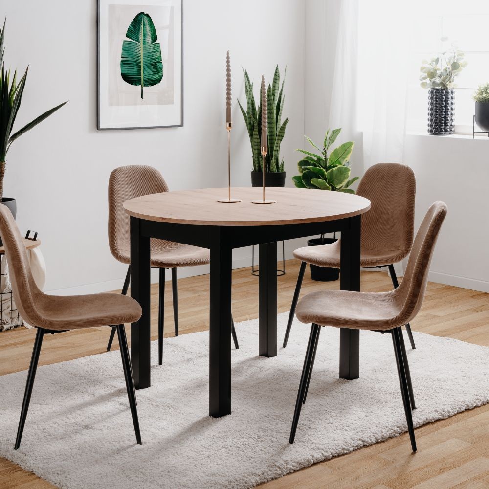 Tavolo rotondo allungabile Coburg 100 in piano quercia e struttura nera 100x76x100 cm. Tavolo rotondo allungabile Coburg 100 in piano quercia e struttura nera 100x76x100 cm.