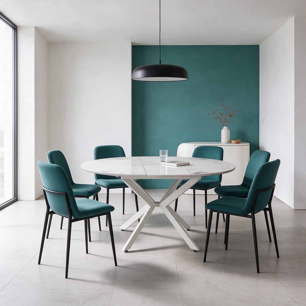 Tavolo rotondo allungabile Evelina con piano in ceramica effetto marmo bianco chanel lucido Tavolo rotondo allungabile Evelina con piano in ceramica effetto marmo bianco chanel lucido