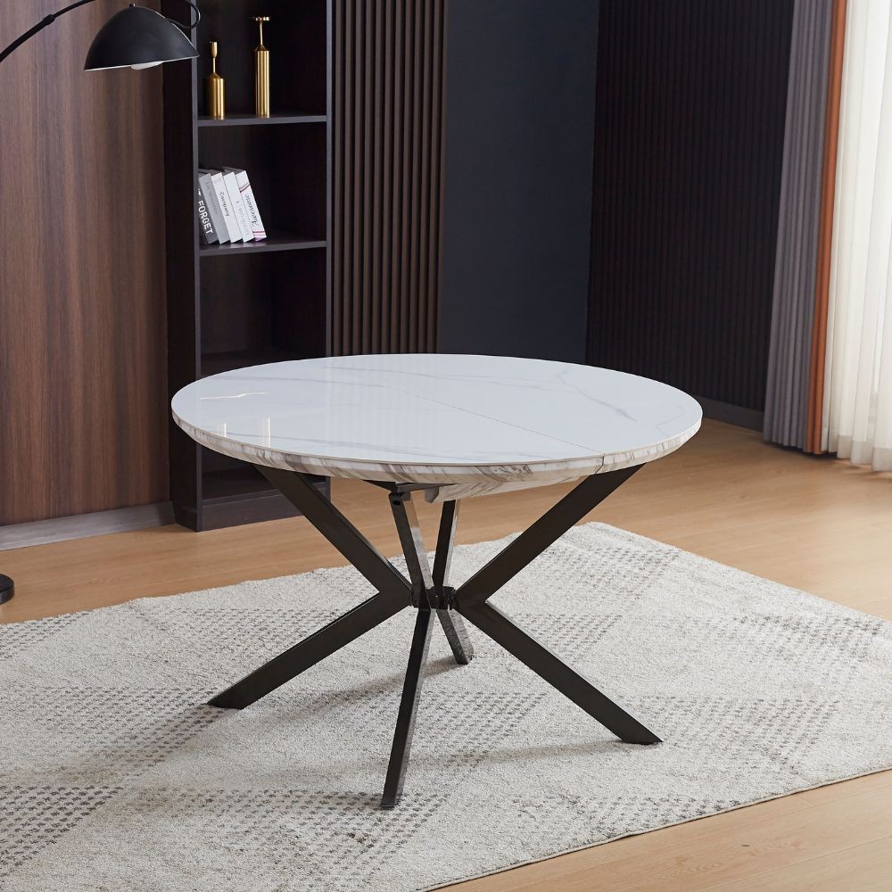 Tavolo rotondo allungabile Evelina con piano in ceramica effetto marmo bianco lucido Tavolo rotondo allungabile Evelina con piano in ceramica effetto marmo bianco lucido