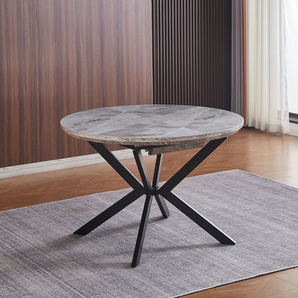 Tavolo rotondo allungabile Evelina con piano in ceramica effetto marmo grigio lucido Tavolo rotondo allungabile Evelina con piano in ceramica effetto marmo grigio lucido