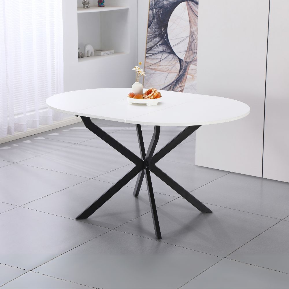 Tavolo rotondo allungabile Rut con piano colore bianco e gambe in metallo nero Tavolo rotondo allungabile Rut con piano colore bianco e gambe in metallo nero