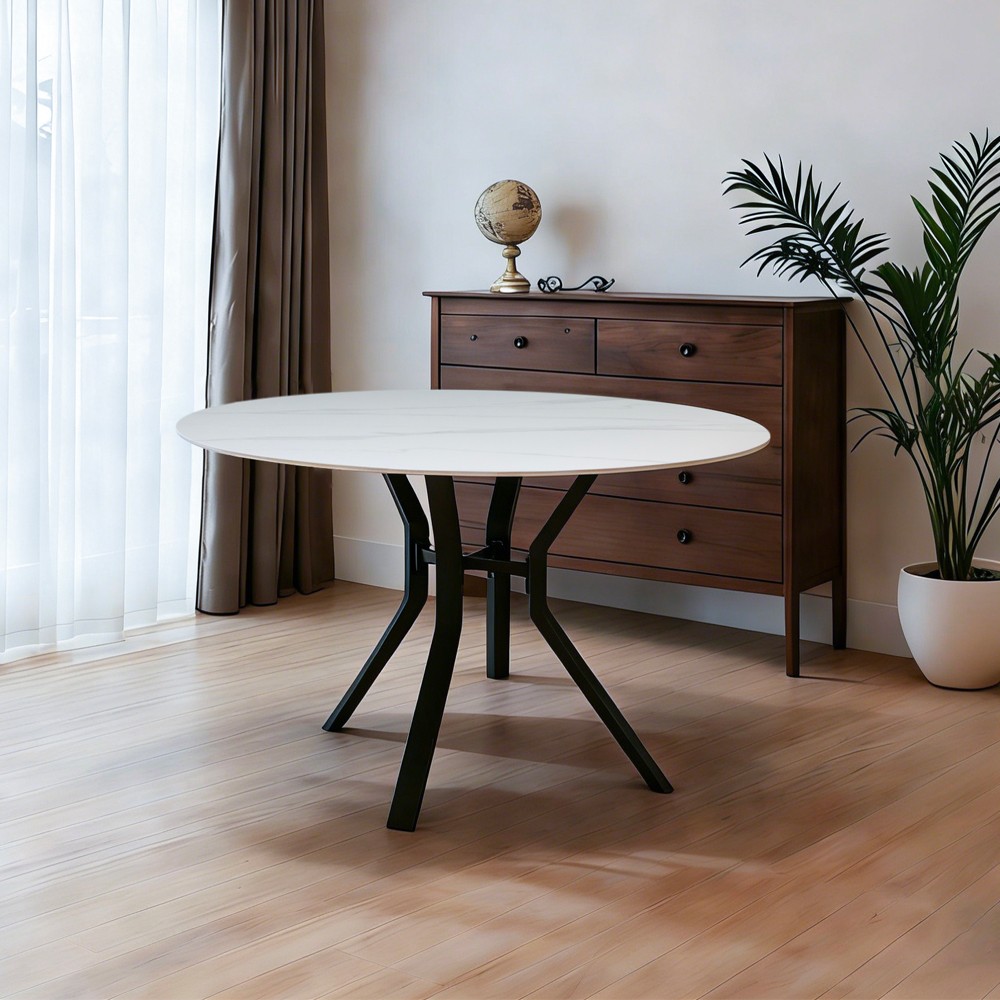 Tavolo rotondo fisso Aurora con piano in ceramica bianco lucido e struttura in metallo nero Tavolo rotondo fisso Aurora con piano in ceramica bianco lucido e struttura in metallo nero