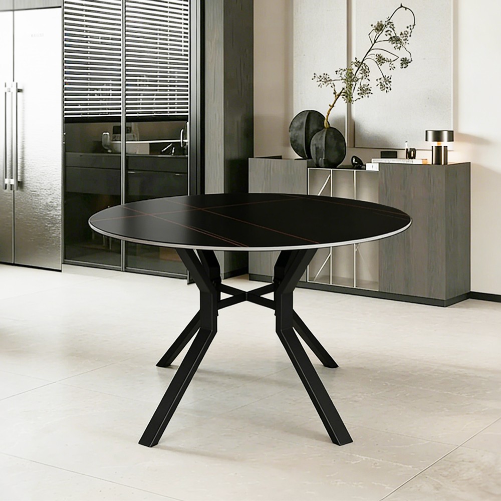 Tavolo rotondo fisso Aurora con piano in ceramica nero opaco con venature oro e struttura in metallo nero Tavolo rotondo fisso Aurora con piano in ceramica nero opaco con venature oro e struttura in metallo nero
