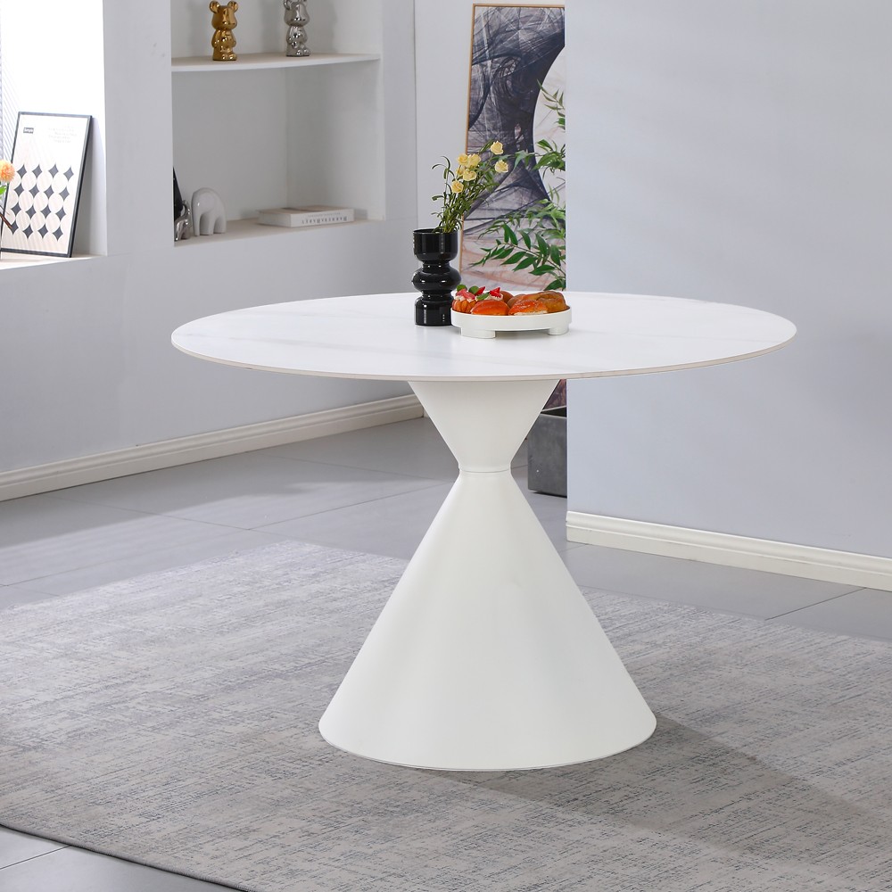 Tavolo tondo fisso Taini con piano in ceramica effetto marmo bianco opaco e gambe in metallo bianco Tavolo tondo fisso Taini con piano in ceramica effetto marmo bianco opaco e gambe in metallo bianco