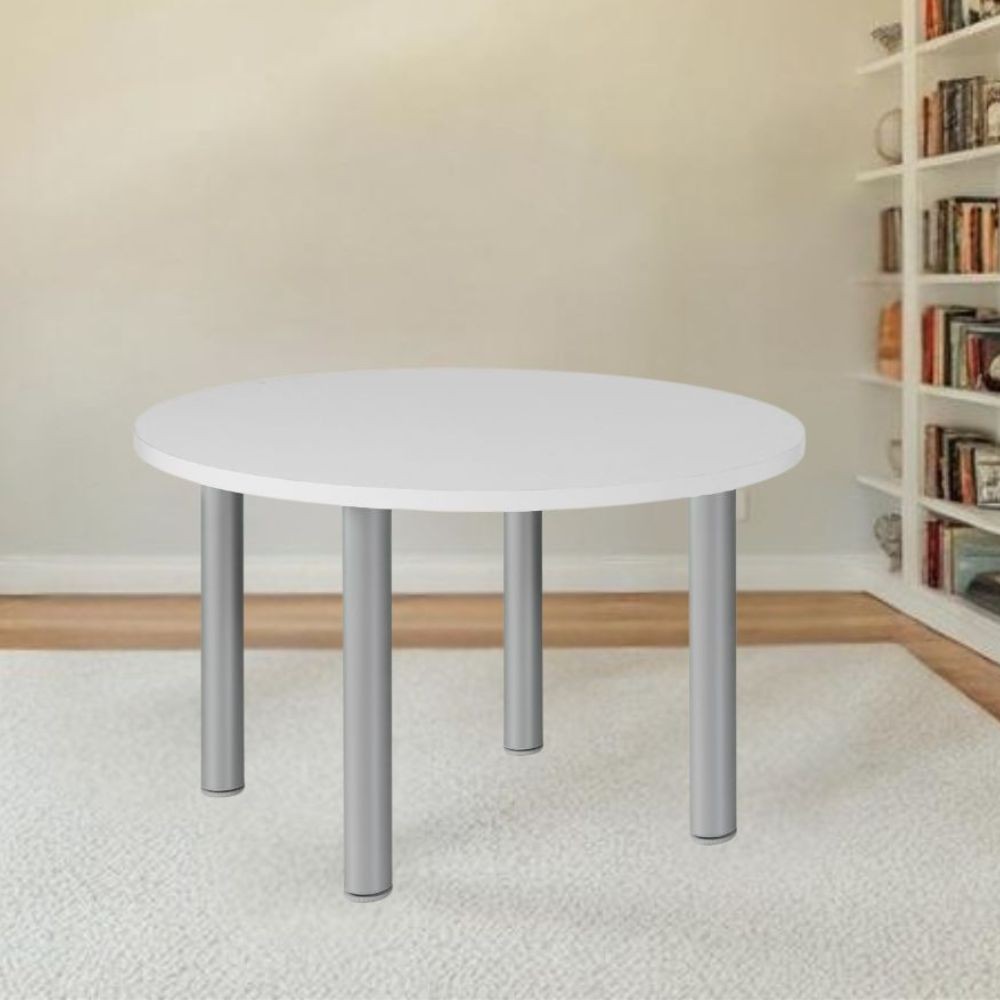 Tavolo tondo Manila con gambe in acciaio verniciato alluminio e piano colore bianco 90x90 cm. Tavolo tondo Manila con gambe in acciaio verniciato alluminio e piano colore bianco 90x90 cm.