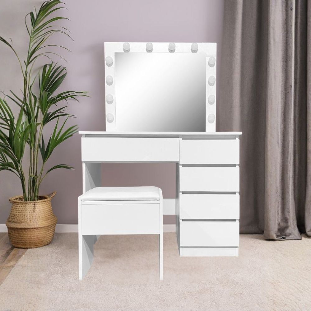 Toeletta Aurora 5 cassetti con sgabello e specchio con led colore bianco lucido Toeletta Aurora 5 cassetti con sgabello e specchio con led colore bianco lucido