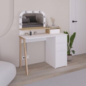 Toeletta Avien con specchio con cornice luci LED colore bianco e rovere