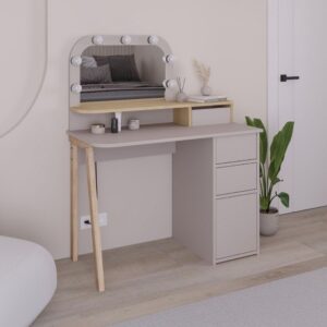 Toeletta Avien con specchio con cornice luci LED colore tortora e rovere