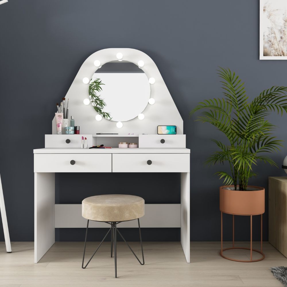 Toeletta da trucco con specchio a luci a led con doppio ripiano e 4 cassetti bianco Toeletta da trucco con specchio a luci a led con doppio ripiano e 4 cassetti bianco