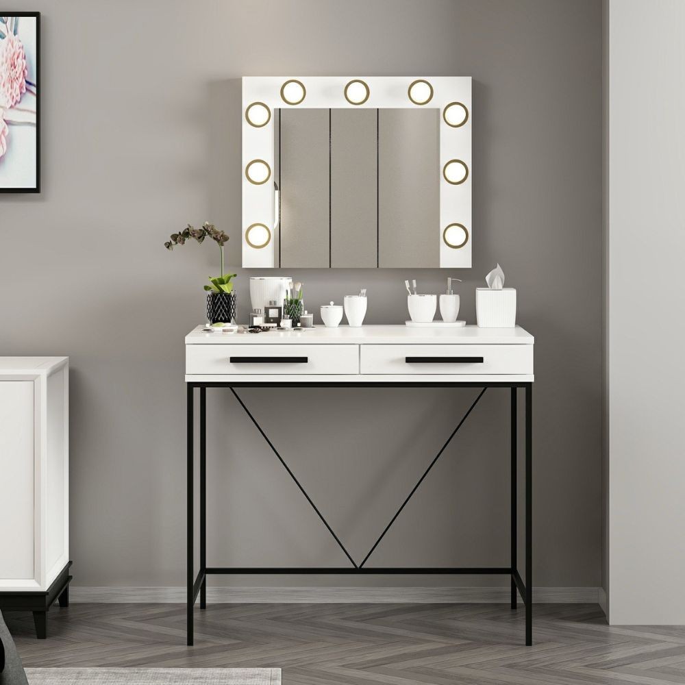 Toeletta da trucco Sane con 2 cassetti bianco con piedi neri e specchio con luci LED lampadine escluse Toeletta da trucco Sane con 2 cassetti bianco con piedi neri e specchio con luci LED lampadine escluse