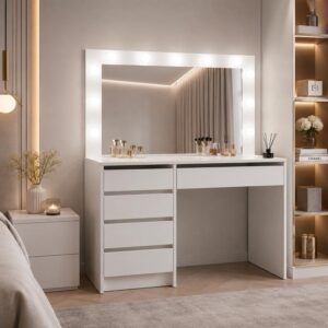 Toeletta Elite 5 cassetti con specchio con lampadine LED colore bianco opaco