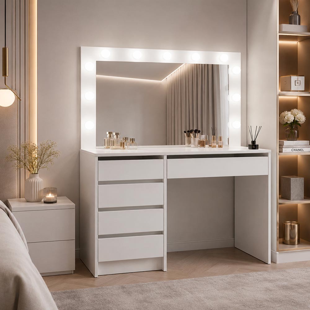 Toeletta Elite 5 cassetti con specchio con lampadine LED colore bianco opaco Toeletta Elite 5 cassetti con specchio con lampadine LED colore bianco opaco