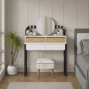 Toeletta Lora con 4 cassetti luci a LED e specchio colore bianco e rovere