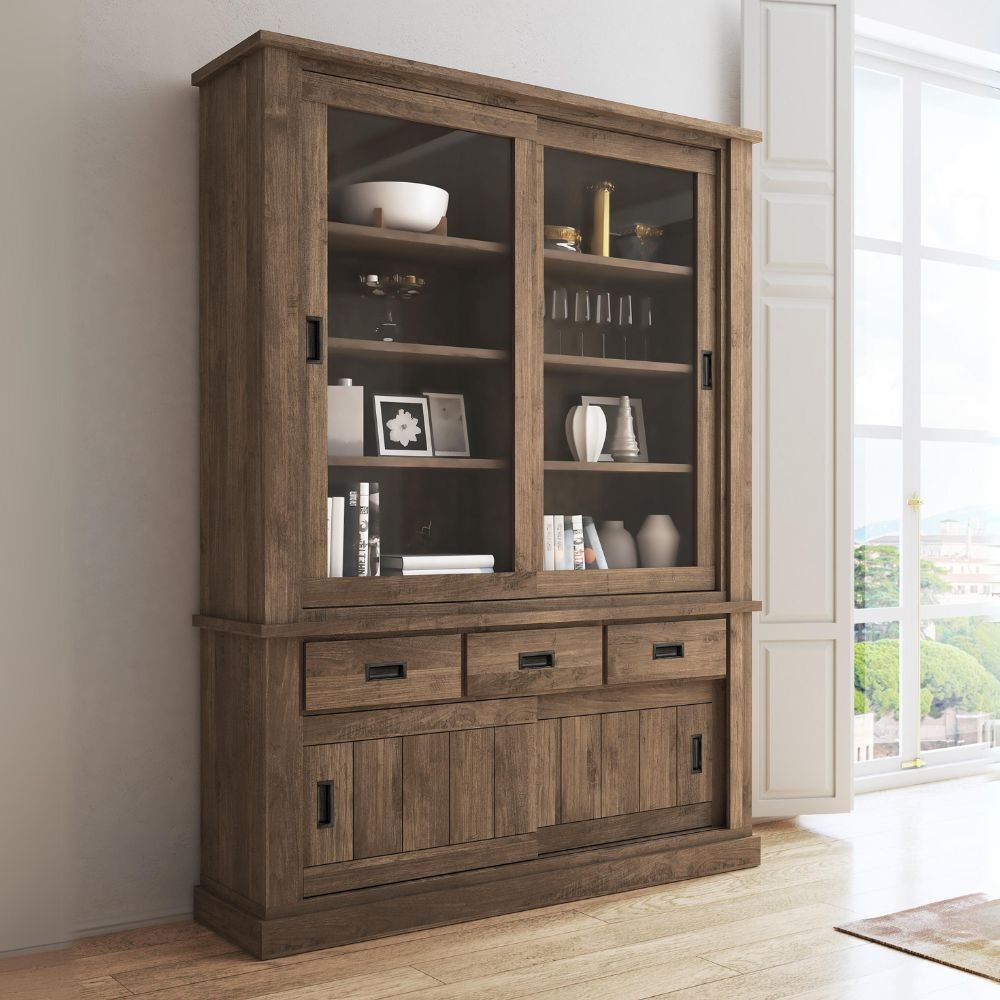 Vetrina Anthony III con 2 ante vetro e 3 cassetti colore noce eastwood stile shabby Vetrina Anthony III con 2 ante vetro e 3 cassetti colore noce eastwood stile shabby