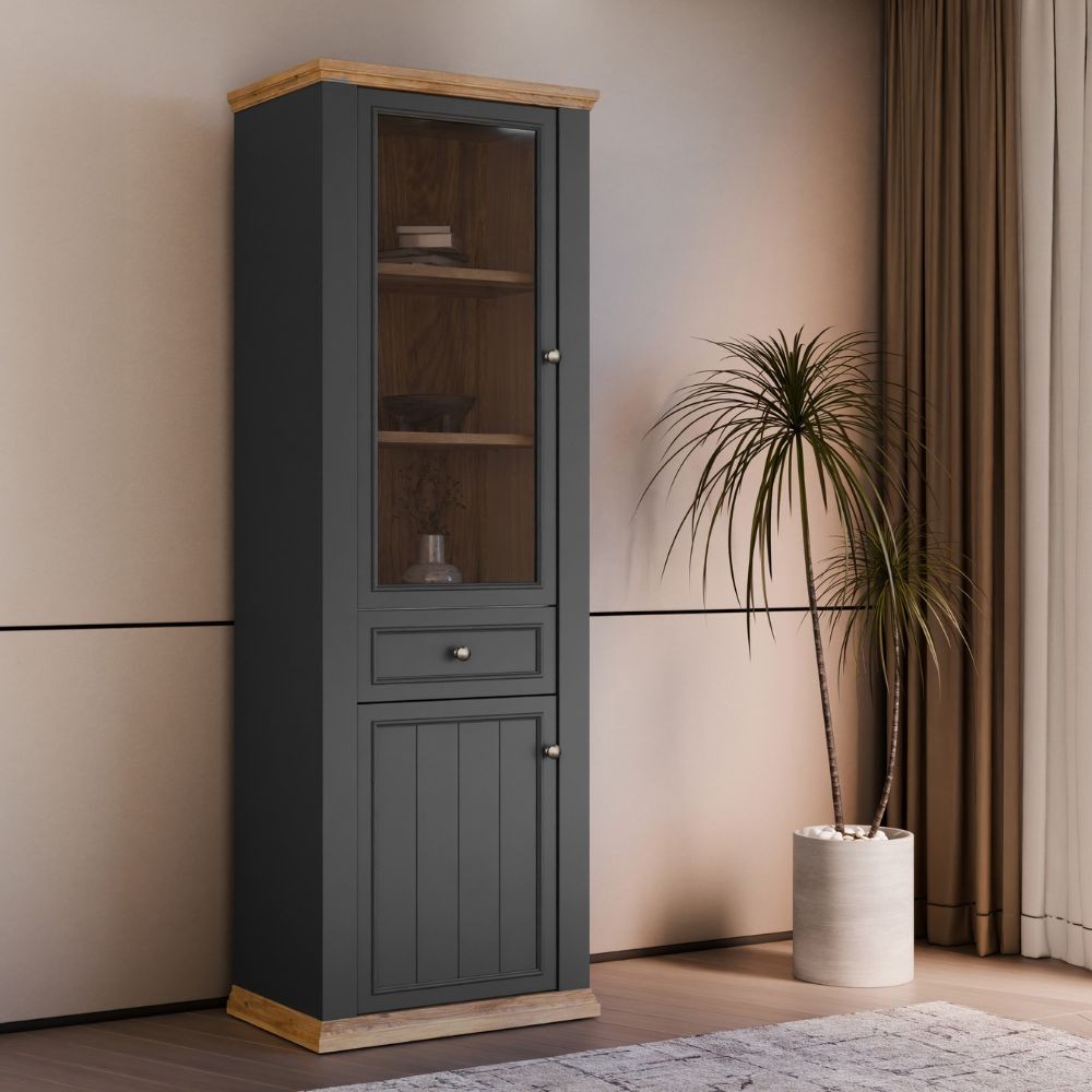 Vetrina Essenza con 1 anta a vetro 1 cassetto e 1 anta in stile classico colore grigio scuro e rovere Vetrina Essenza con 1 anta a vetro 1 cassetto e 1 anta in stile classico colore grigio scuro e rovere
