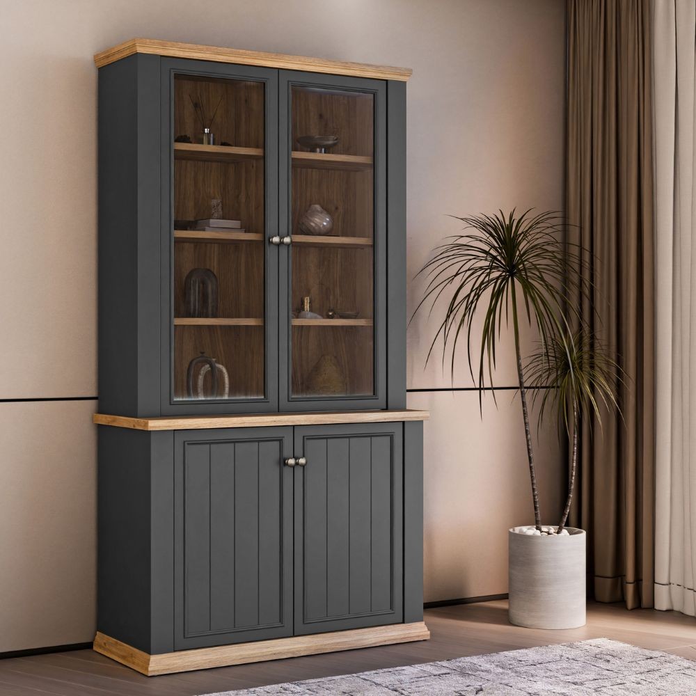 Vetrina Essenza con 2 ante a vetro e 2 ante in stile classico colore grigio scuro e rovere Vetrina Essenza con 2 ante a vetro e 2 ante in stile classico colore grigio scuro e rovere