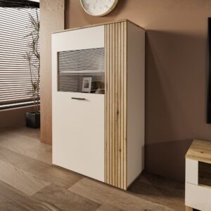 Vetrina Frezo06 con 2 ante con dettaglio a listelli verticali colore cashmere e rovere evoque