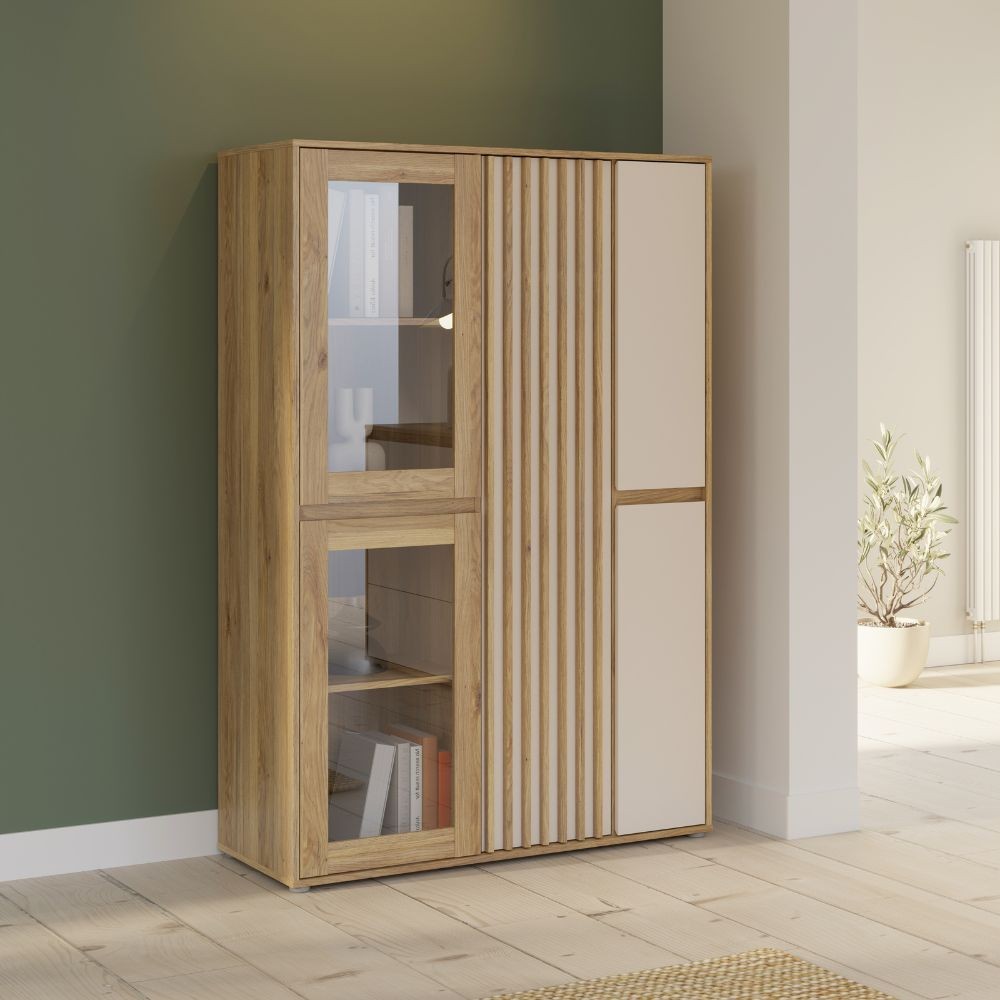 Vetrina Neutra con 2 ante in vetro temperato e 3 ante cashmere e struttura rovere Vetrina Neutra con 2 ante in vetro temperato e 3 ante cashmere e struttura rovere