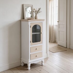 Vetrina Norimberga colore bianco con anta in vetro e 2 cassetti piccoli effetto shabby